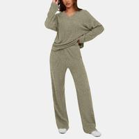 PrettyGarden Women's 2 Piece Lounge Sets Ribbed Knit Long Sleeve V Neck Pullover Tops Wide Leg Pants Fall Winter Outfits