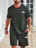 【Plus Size】 Men's Solid Waffle Knit Tee & Shorts Set, Regular Fit Casual Round Neck Short Sleeve T-shirt & Track Shorts, ...