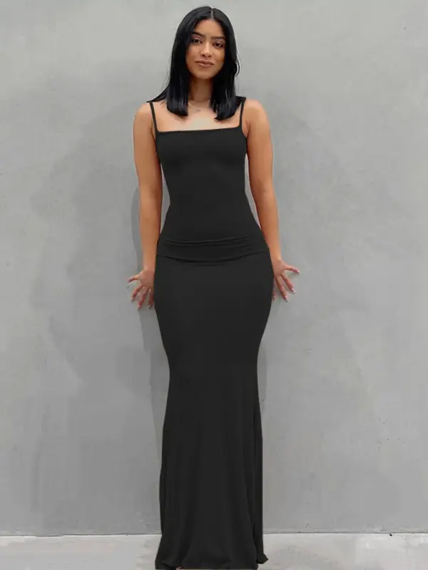 Women's Minimalist Maxi Bodycon Cami Dress, Adjustable Strap Tight Dresses for Holiday Party Daily Wear, Casual Sleeveless Su...