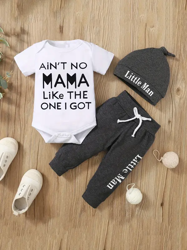 Baby Boys Short Sleeve Letter Print Romper and Long Pants Set with Hat, Stylish Infant for Summer, Comfortable Baby Clothing