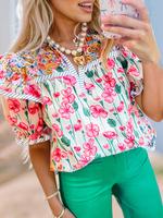 Women's Floral Print Ruffle Trim Blouse, Bohemian Chic Elegant Puff Sleeve Top for Spring & Fall, Ladies Clothes for Daily We...