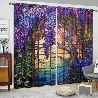 Wisteria Print Curtain, 1 Pair Stained Glass Printed Curtain, Window Drapes for Home Decor, Rod Pocket Window Treatment for B...