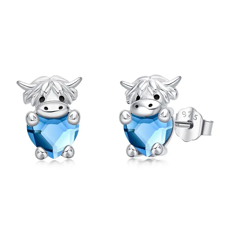 Sterling Silver Crystal Highland Cow & Heart Stud Earrings