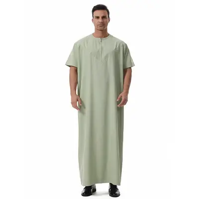 Solid-Color Robe with Stitched Pockets & Zipper - Loose, Casual & Breathable Short-Sleeve Robe, Suitable Stylish Muslim Men's...