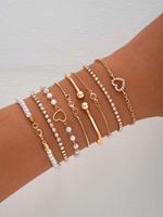Women's Faux Pearl & Hollow Out Heart Design Exquisite Bracelet, Open Bangle Bracelet, Simple Design Beaded Matching Bracelet...