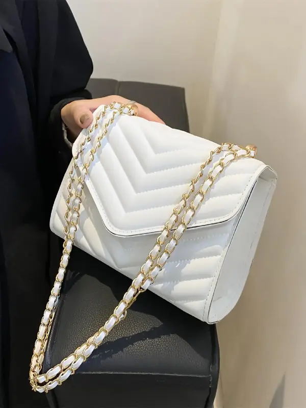 Women's Fashion Chain Decorated Crossbody Bag, Elegant Quilted Design PU Leather Shoulder Bag For Daily Used