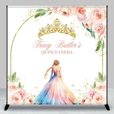 Aperturee Pink Floral Crown Custom Name Quinceanera Backdrop | Custom Birthday Backdrops | Custom Happy Birthday Banner | Bac...