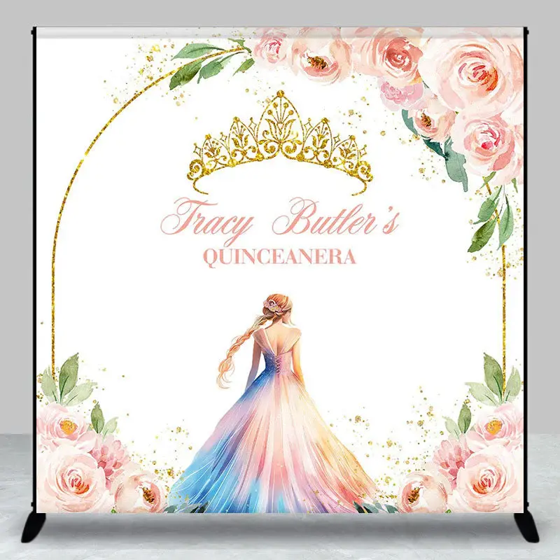 Aperturee Pink Floral Crown Custom Name Quinceanera Backdrop | Custom Birthday Backdrops | Custom Happy Birthday Banner | Bac...
