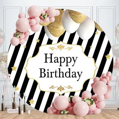 Aperturee Stripe Balloon Circle Happy Birthday Backdrop