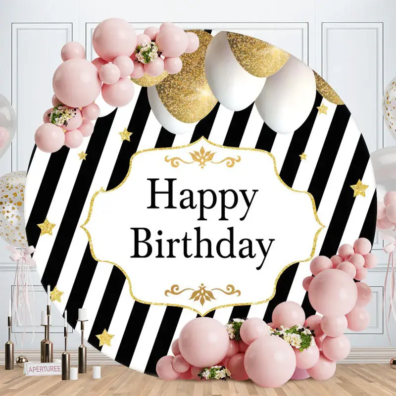 Aperturee Stripe Balloon Circle Happy Birthday Backdrop