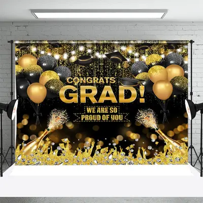 Black Golden Diamond Champagne Graduation Backdrop - Aperturee