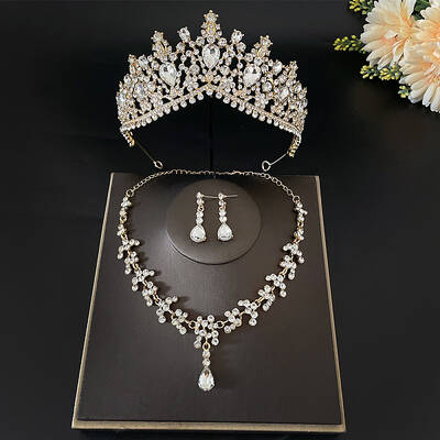 Teardrop Alloy Rhinestone Pendant Necklaces & Stud Dangle Earrings & Crown Hair Band Sets