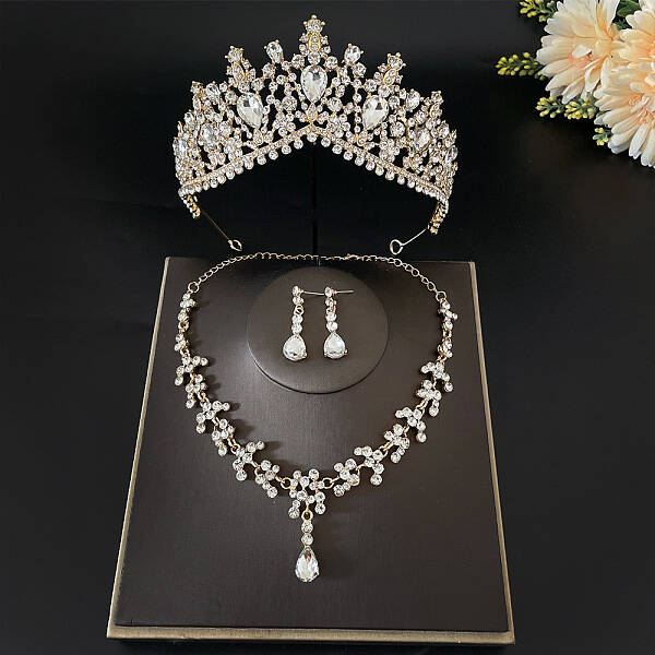 Teardrop Alloy Rhinestone Pendant Necklaces & Stud Dangle Earrings & Crown Hair Band Sets