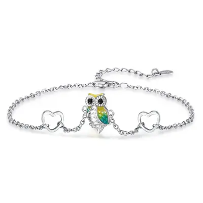 Sterling Silver Circular Shaped Cubic Zirconia Owl & Heart Charm Bracelet