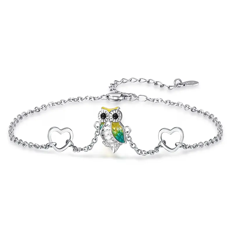 Sterling Silver Circular Shaped Cubic Zirconia Owl & Heart Charm Bracelet