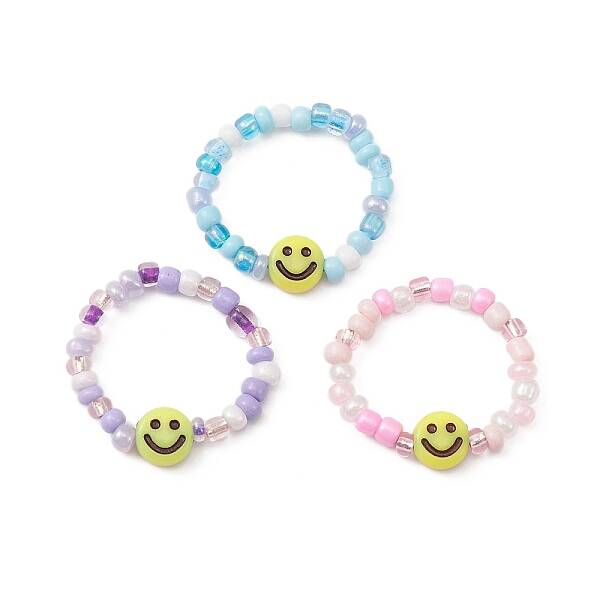3Pcs 3 Color Glass Seed & Acrylic Smiling Face Beaded Stretch Rings Set