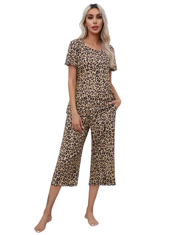 women's leopard print set, short sleeved top and cropped pants two-piece set, casual soft and comfortable style , spring and ...