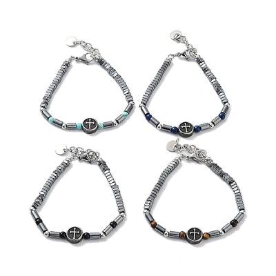 Cross Synthetic Non-magnetic Hematite Beaded Bracelets