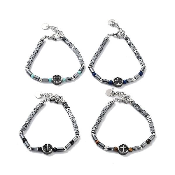 Cross Synthetic Non-magnetic Hematite Beaded Bracelets