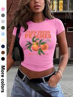 Women's Peach Print Round Neck Crop Tee, Casual Short Sleeve Crew Neck T-shirt for Daily Wear, Ladies Clothes for All Seasons