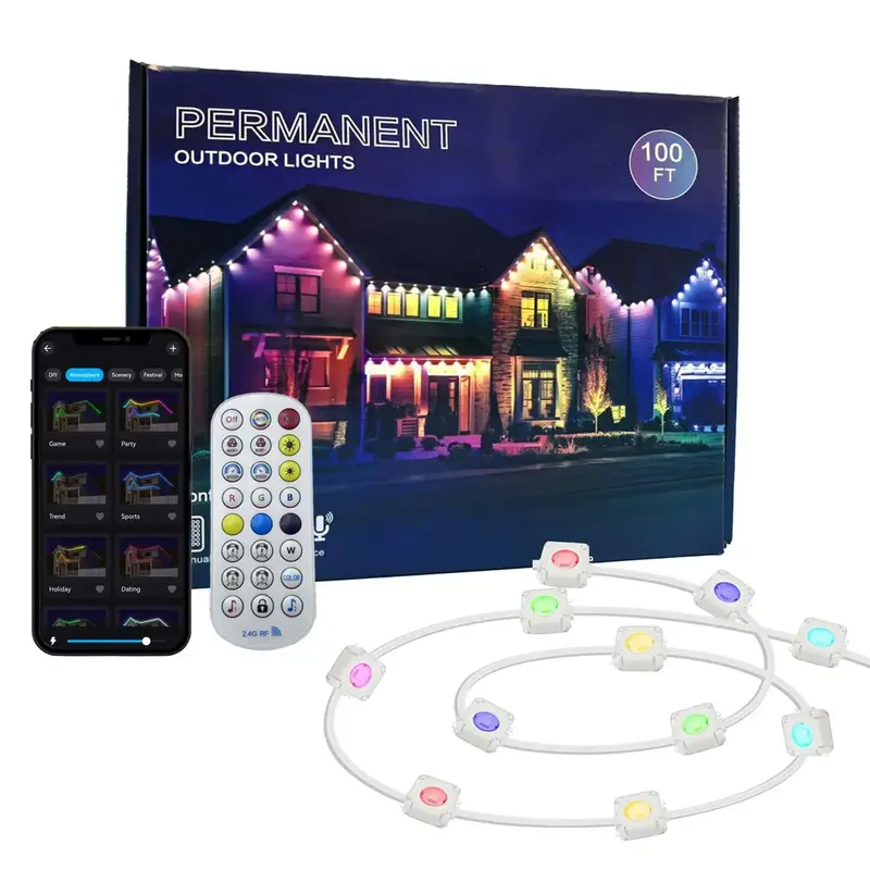 1 Count 50FT/100FT Permanent DIY Outdoor Lights, Controlled by APP/Voice/Remote, IP67 Waterproof RGBIC Smart Eaves Light, Sui...
