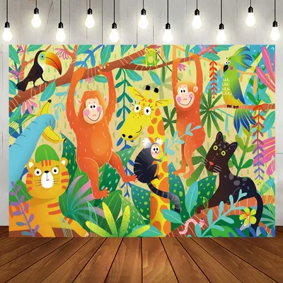 Colorful Animals Green Leaves Baby Shower Backdrop - Aperturee