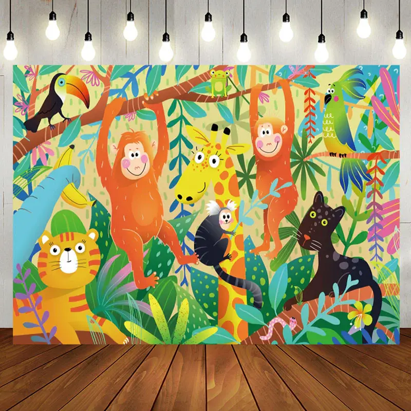 Colorful Animals Green Leaves Baby Shower Backdrop - Aperturee