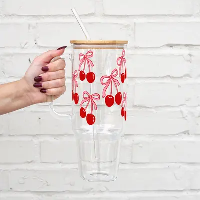 Sip-Sip Hooray! Coquette Cherry Bow Glass Tumbler – Cute Bows & Cherries Cup with Lid & Straw, Aesthetic Iced Coffee Glass,...