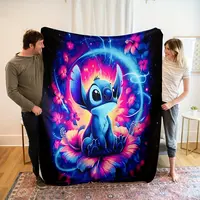 DISNEY CLASSIC Stitch Flannel Blanket - Soft, Warm, Vibrant Blue & Purple Design with Glowing Orbs & Floral Accents, Machine ...