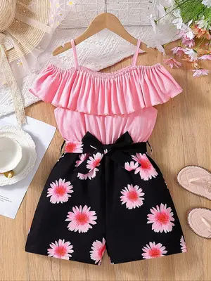 Girl's Floral Print Bow Decor Romper, Casual Sleeveless Romper for Beach Vacation Holiday, Kids Clothes for Summer