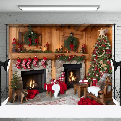 Aperturee Cabin Fireplace Socks Dog Chair Christmas Backdrop