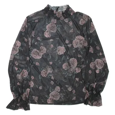 AMISU Sheer Womens Printed Blouse Black High Neck Long Sleeve Floral XL
