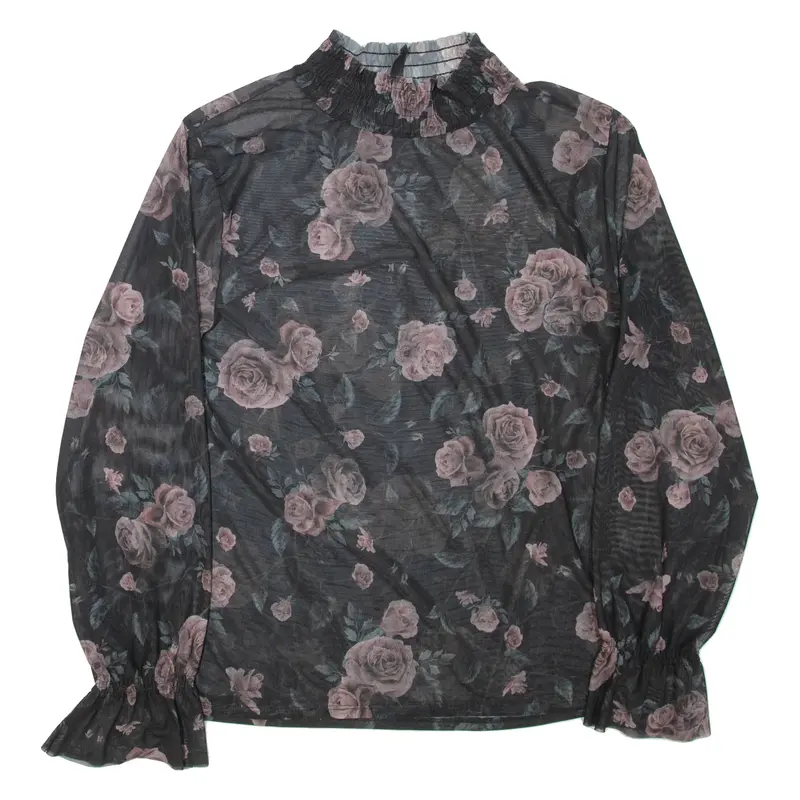 AMISU Sheer Womens Printed Blouse Black High Neck Long Sleeve Floral XL