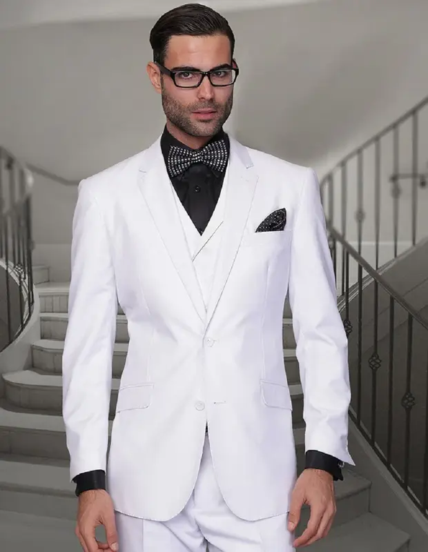 Mens Cheap White Suit 2 Button Classic Fit Pleated Pant Suit with Double Breasted Vest in White