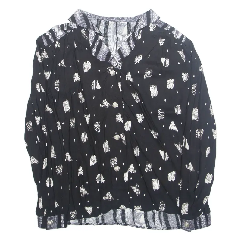 Womens Printed Shirt Black Collared Long Sleeve Crazy Pattern XL