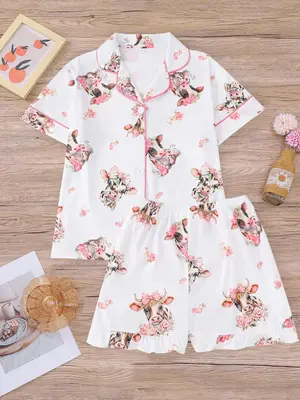 Girl's Cow Print Top & Pants Pyjama Two-piece Set, Cute Comfy Short Sleeve Top & Trousers Pj Set, Kids Casual Comfy Pajama Sl...