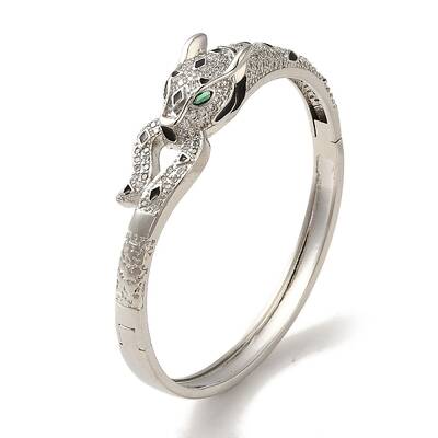 Brass Pave Clear Cubic Zirconia Leopard Hinged Bangle for Women