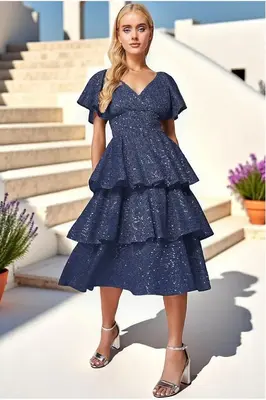 Goddiva Sequin Lurex Tiered Midi Dress - Navy