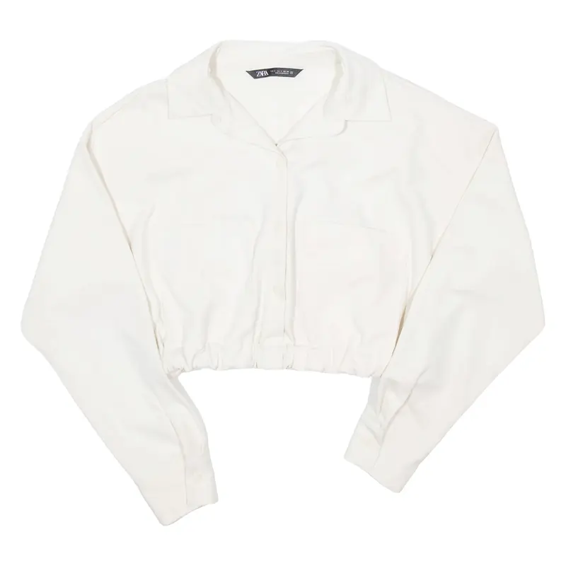 ZARA Womens Cropped Shirt Cream Collared Long Sleeve S