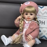 22 Inch Full Silicone Betty Doll with 2 Golden Braids & Blue Eyes | White Peter Pan Collar Dress + Dusty Pink Cardigan Set (B...