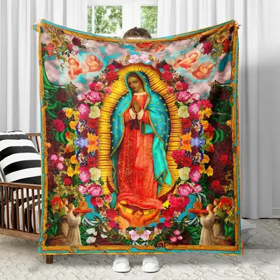 Mary Print & Flower Pattern Blanket, Lightweight Warm Flannel Throw Blanket, All Season Blanket, Breathable Comfortable Blank...