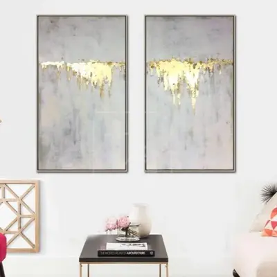 Abstract Oil Painting Original Canvas Gray Painting Gold Leaf Painting 2 Piece | GOLDEN WATERFALL