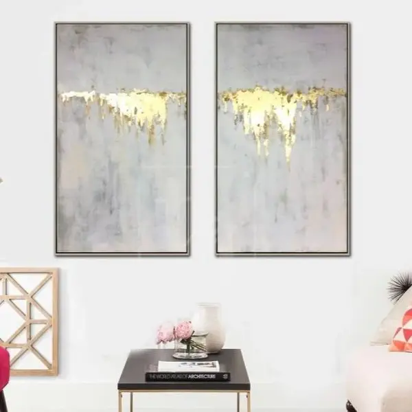 Abstract Oil Painting Original Canvas Gray Painting Gold Leaf Painting 2 Piece | GOLDEN WATERFALL