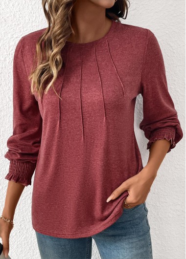 Modlily Brick Red Tuck Stitch Long Sleeve T Shirt - M
