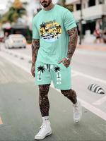 Men's Regular Fit Landscape Print Tee & Shorts Set, Casual Short Sleeve T-shirt & Shorts, Men's Summer Clothes