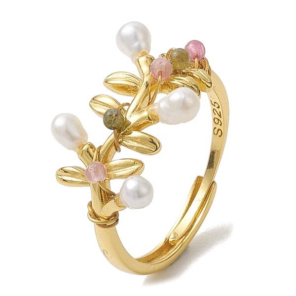Leaf Natural Pearl & Natural Tourmaline Adjustable Rings