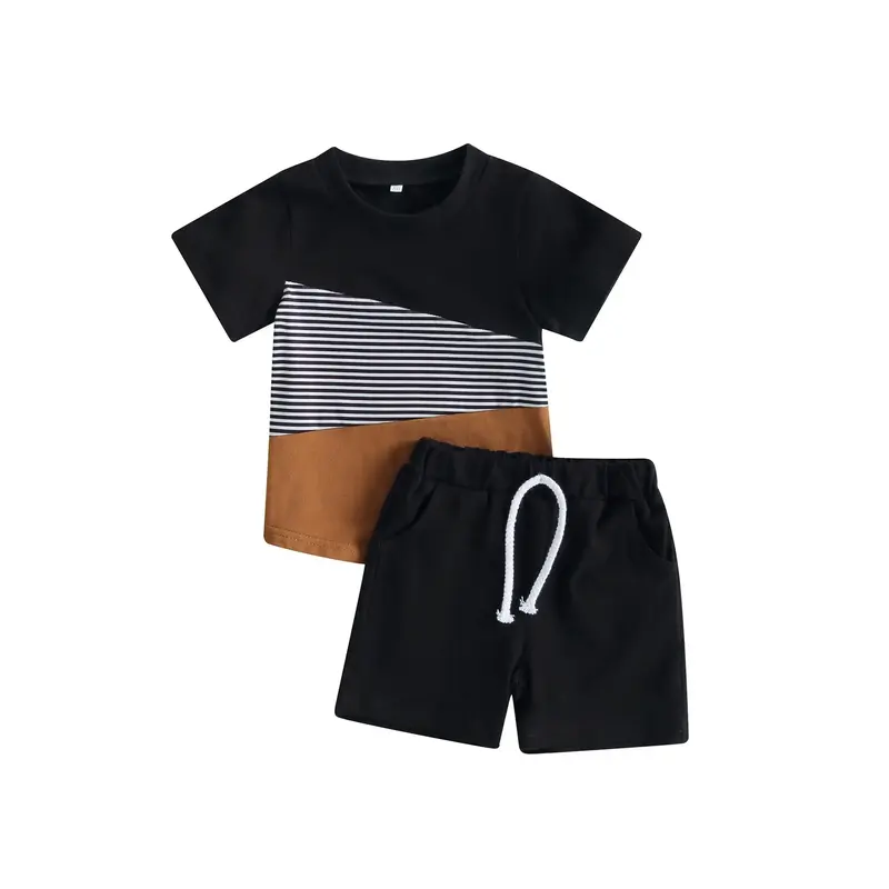 Baby Boys 2PCS Pants Suit Short Sleeve Patchwork Crew Tees & White Straps Short Pants Toddler Boys Summer Casual Outfit Cotto...