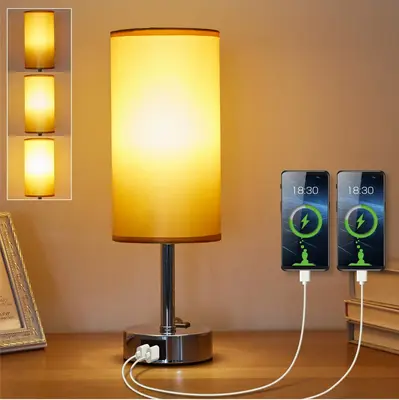 Cylinder Touch Lamp, Dimmable USB Lamp Include One LED Bulb, Fabric Shade Lamp Built in 1 USB 1 Type C Ports & 1AC Outlet, Be...