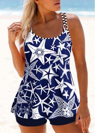 Modlily Circular Ring Animal Print Navy Tankini Top - L