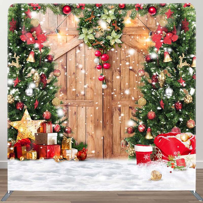 Aperturee Wreath Christmas Tree Wooden Door Square Backdrop | Xmas Backdrop | Christmas Backdrops For Photography | Winter Wo...